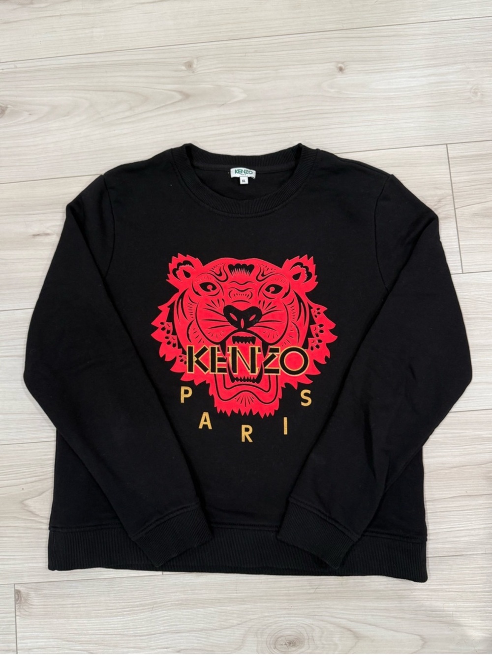 Kenzo Black Crewneck with Red Tiger Graphic and Gold Lettering
